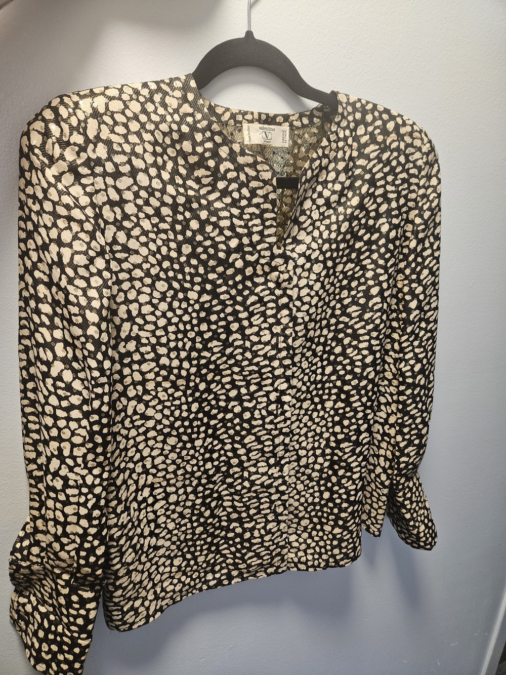 Valentino "Miss V" Black and Cream Printed Silk Long-Sleeve Blouse